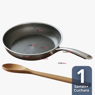 Sartén Acero Inoxidable Antiadherente 24cm +cuchara De Madera De Bambú