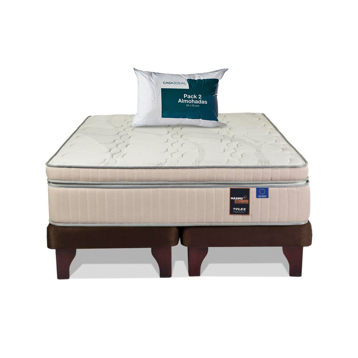 Cama Europea Flex M&aacute;ximo Cobre / 2 Plazas / Base Dividida&nbsp;+Almohada Casaideal Pack / 50x70 Cm image number 0.0