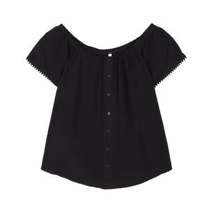 Blusa Lisa Abotonada Manga Corta Con Hombros El&aacute;sticados Bambula Mujer Geeps