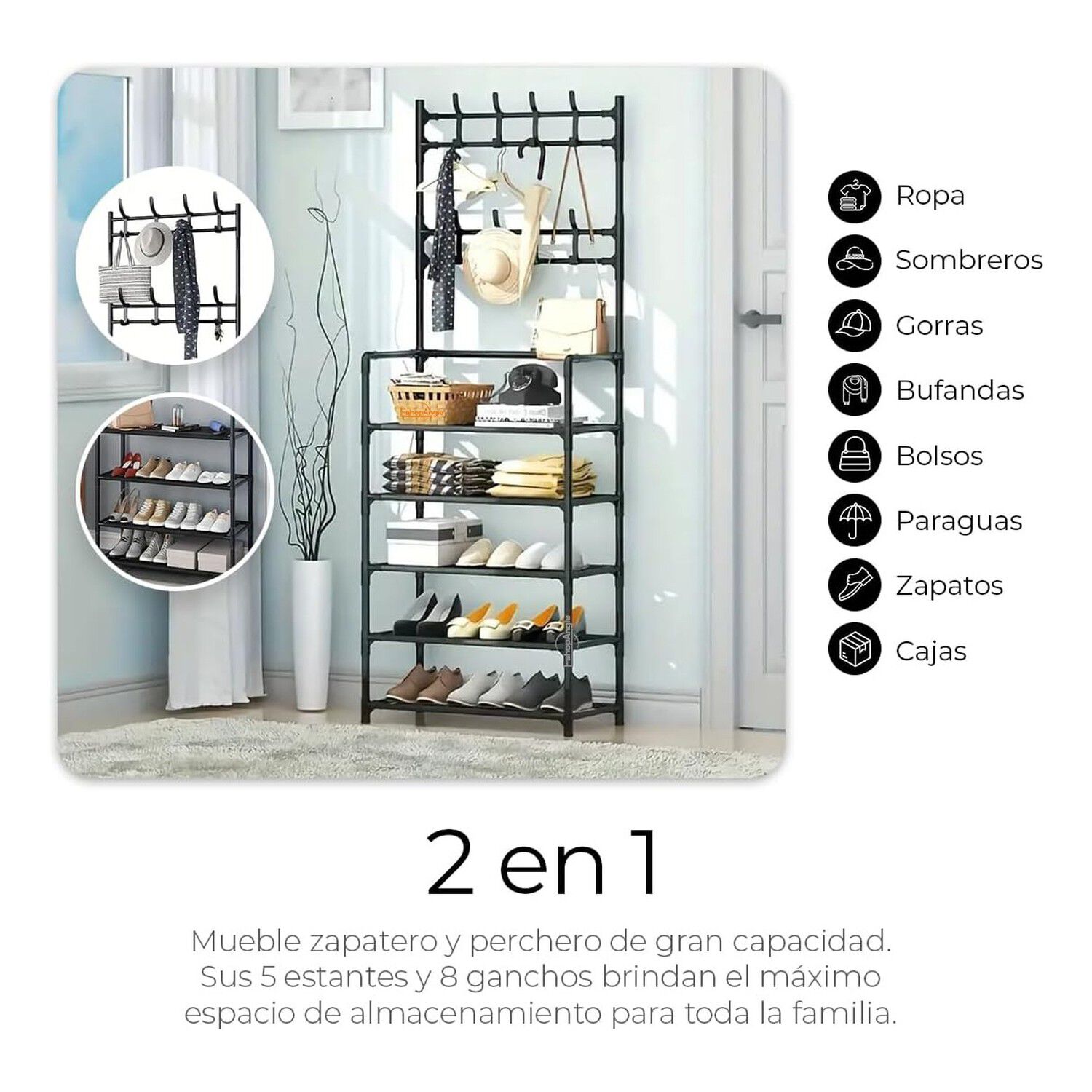 Organizador 2 En 1 Perchero Zapatero Metal 5 Niveles Negro image number 1.0