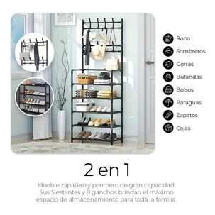 Organizador 2 En 1 Perchero Zapatero Metal 5 Niveles Negro