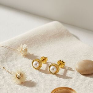 Aros Perla Blanca 3mm Redondela 5mm Oro 18k Atornillados 1.20 Gr Mujer Ni&ntilde;a Elegantes