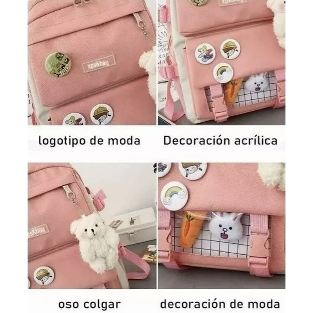 Mochila Escolar Viaje Estilo Coreano 5 Piezas Kit. Negro image number 2.0