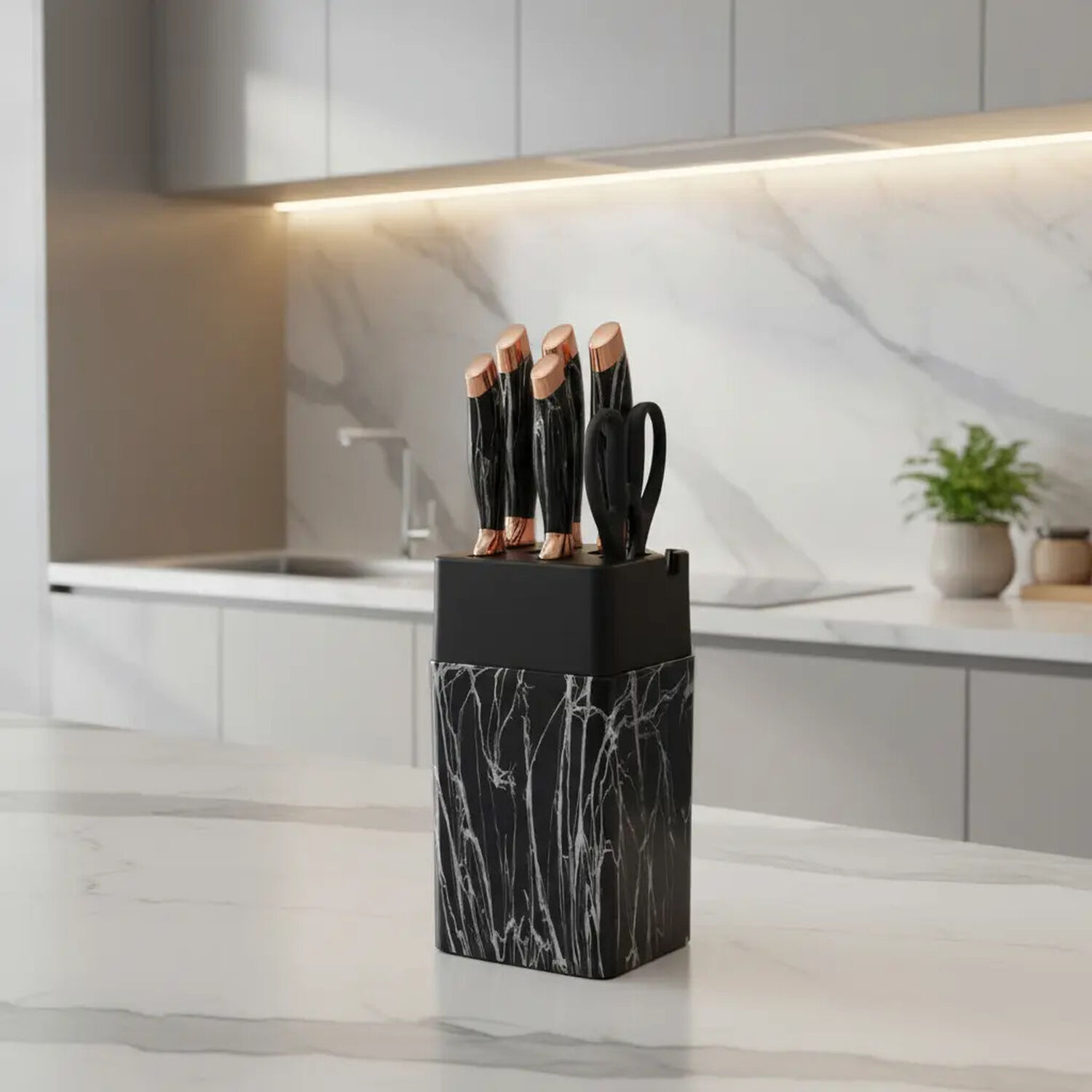 Set De Cuchillos De Cocina De 7 Piezas Marble Lux Con Tijera Color Negro Plateado image number 5.0