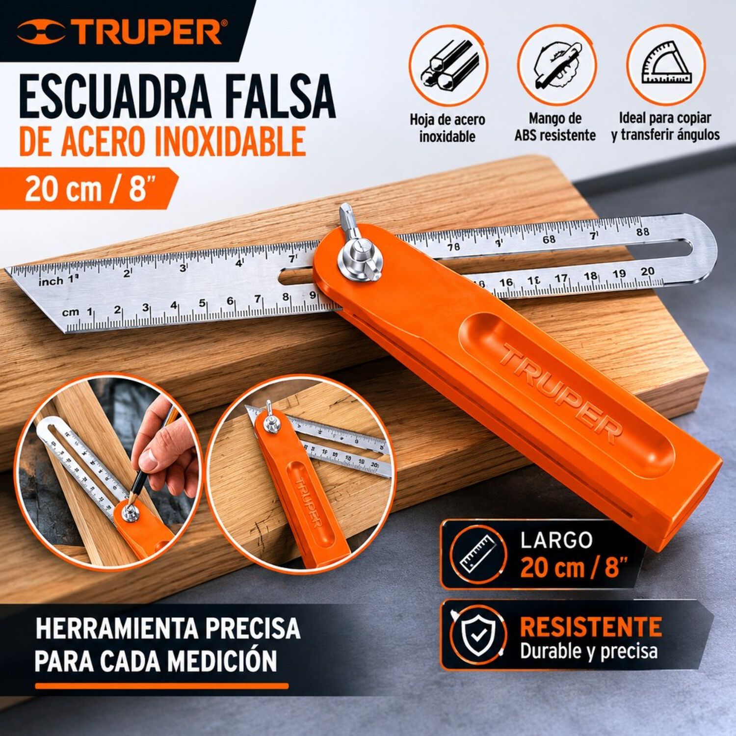 Escuadra Falsa D/acero Inoxidable 20cm / 8 Pulg Con Mango De Abs image number 4.0
