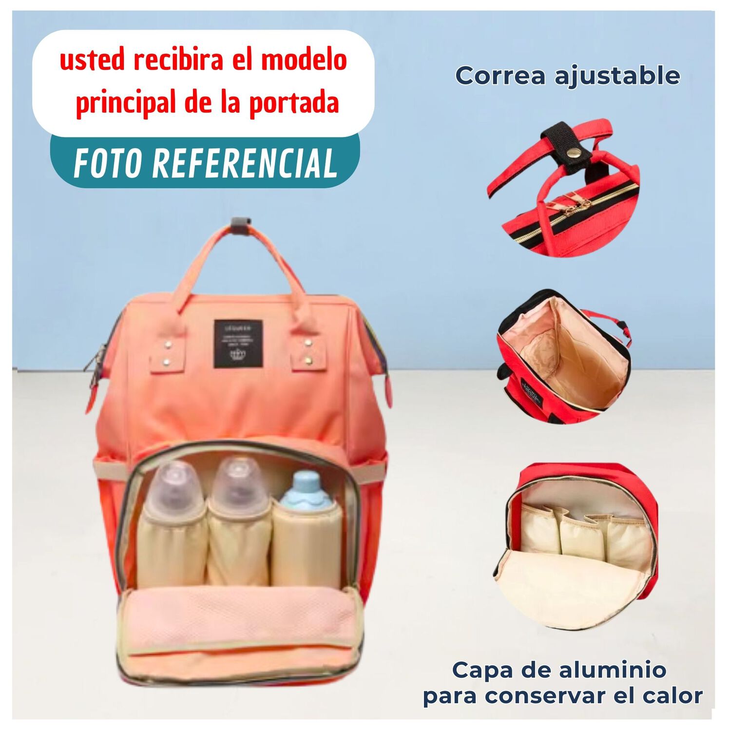 Mochila Maternal Bolso Pa&ntilde;alera Nylon Beb&eacute; Dise&ntilde;o Unicolor T&eacute;rmica E Impermeable Pink image number 3.0