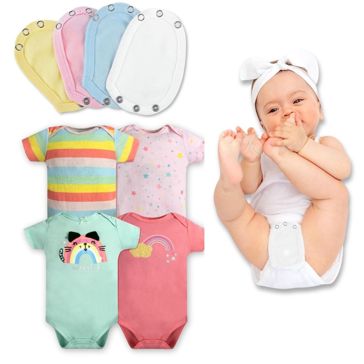 Pack 4 Unidades Extensor Body Beb&eacute; +pack 4 Bodys Algod&oacute;n Ni&ntilde;a Manga Corta Arcoiris image number 0.0