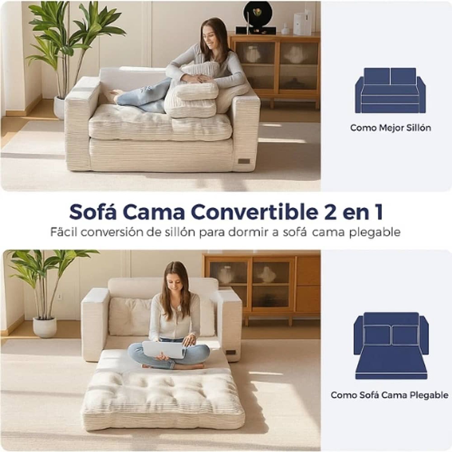 Sofa Cama 2 En 1 Convertible Plegable Espuma Densa image number 2.0