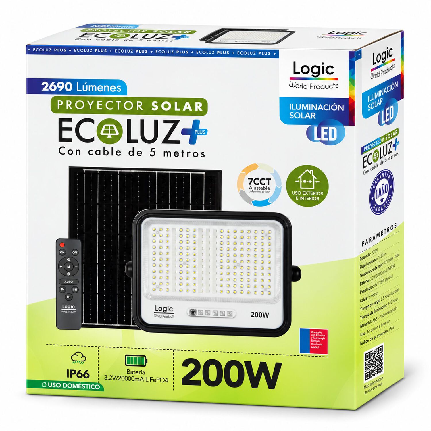 Proyector Led 200w Ip68 Con Panel Solar Independiente + Cable 5mt image number 7.0