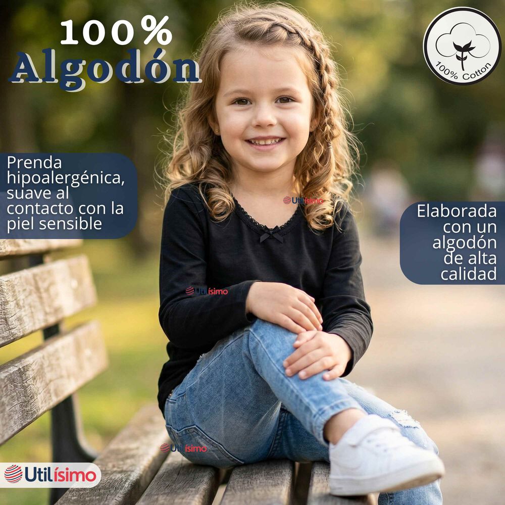 Camiseta Polera Algod&oacute;n Cuello Redondo Negra Primera Capa Manga Larga Ni&ntilde;a image number 3.0