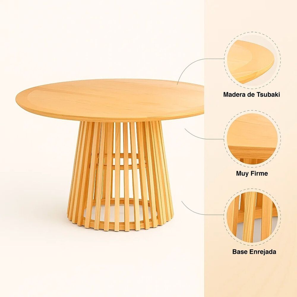 Mesa Redonda De 120 Cm Madera Natural Con Base Estilo Rejilla image number 4.0