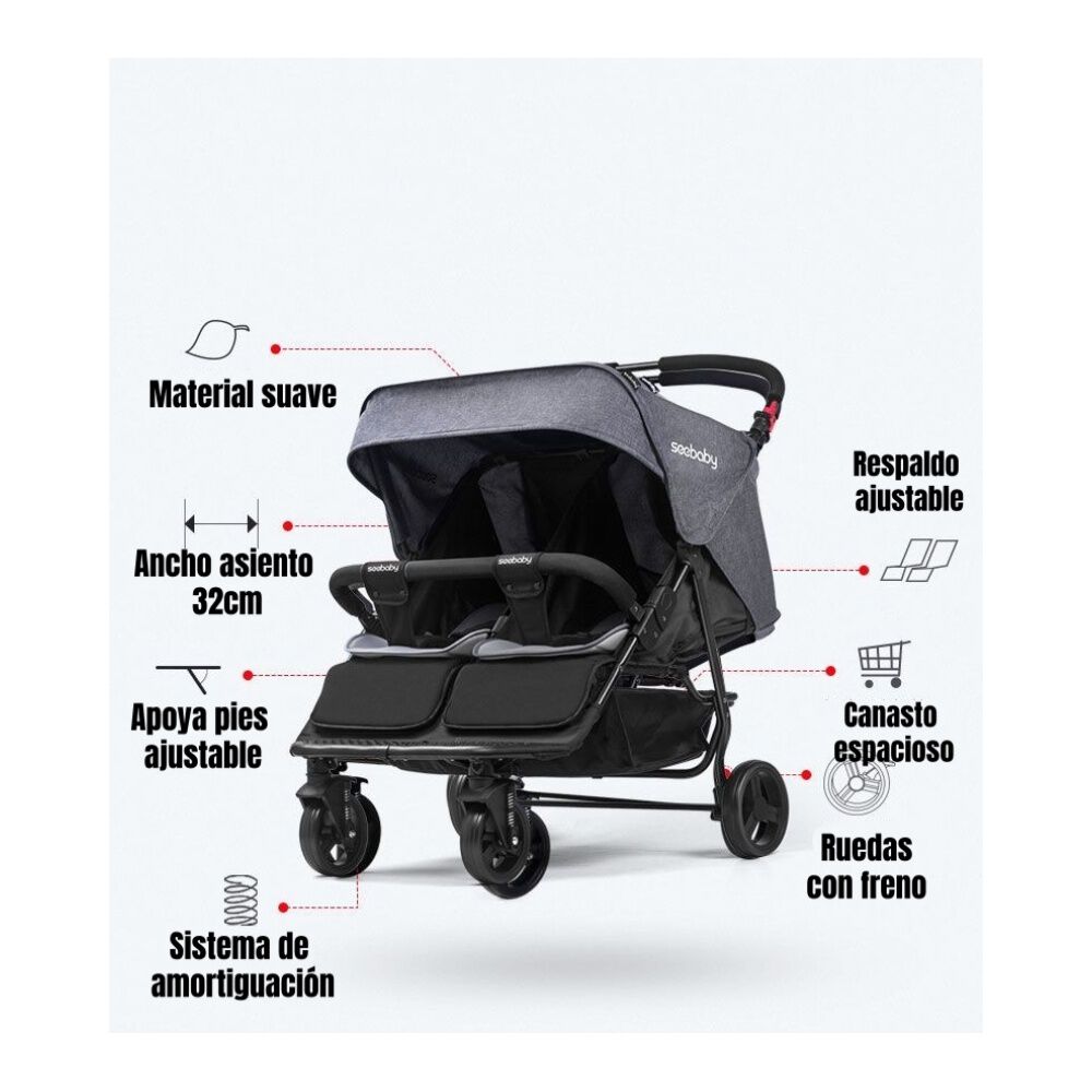 Coche Doble Reclinable 4 A&ntilde;os Seebaby Gris Lubabycas image number 4.0