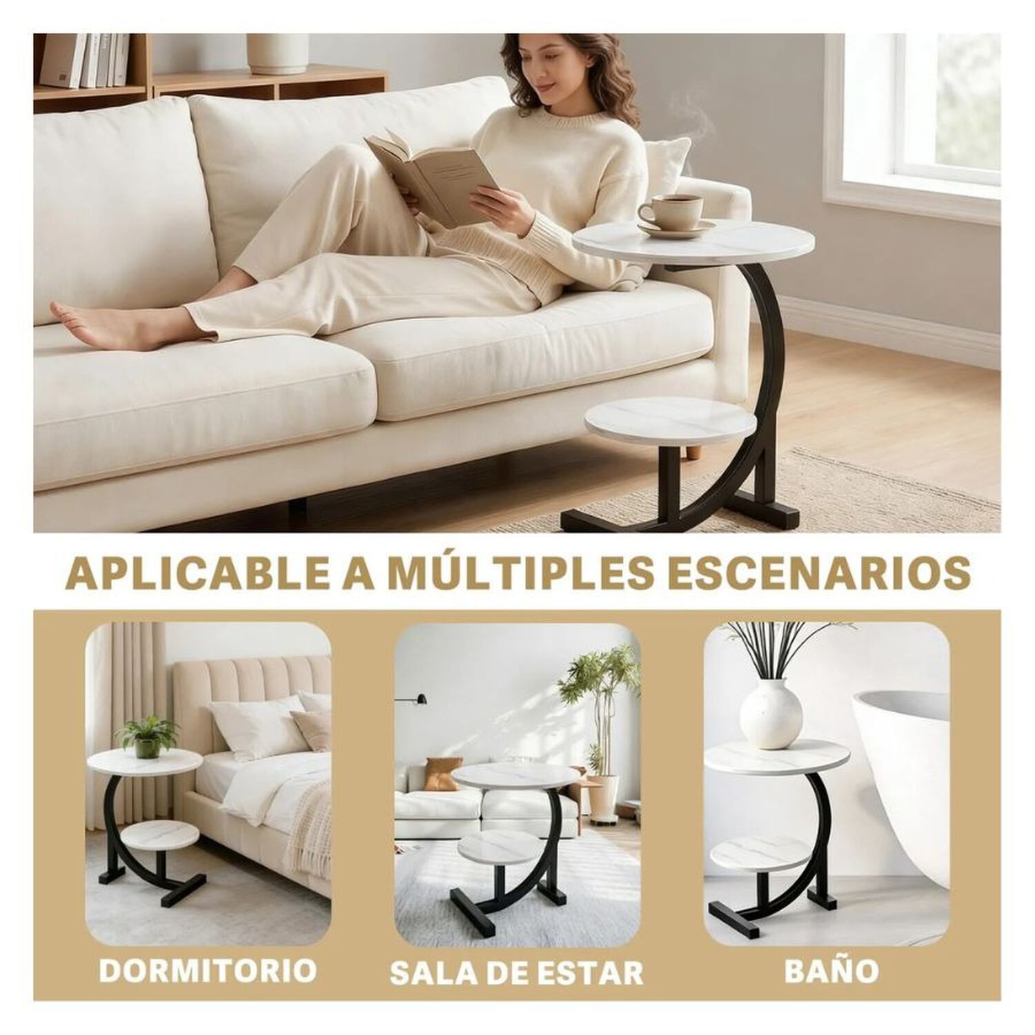 Mesa Auxiliar En Forma De C Redonda De 2 Niveles Living Blanca image number 5.0