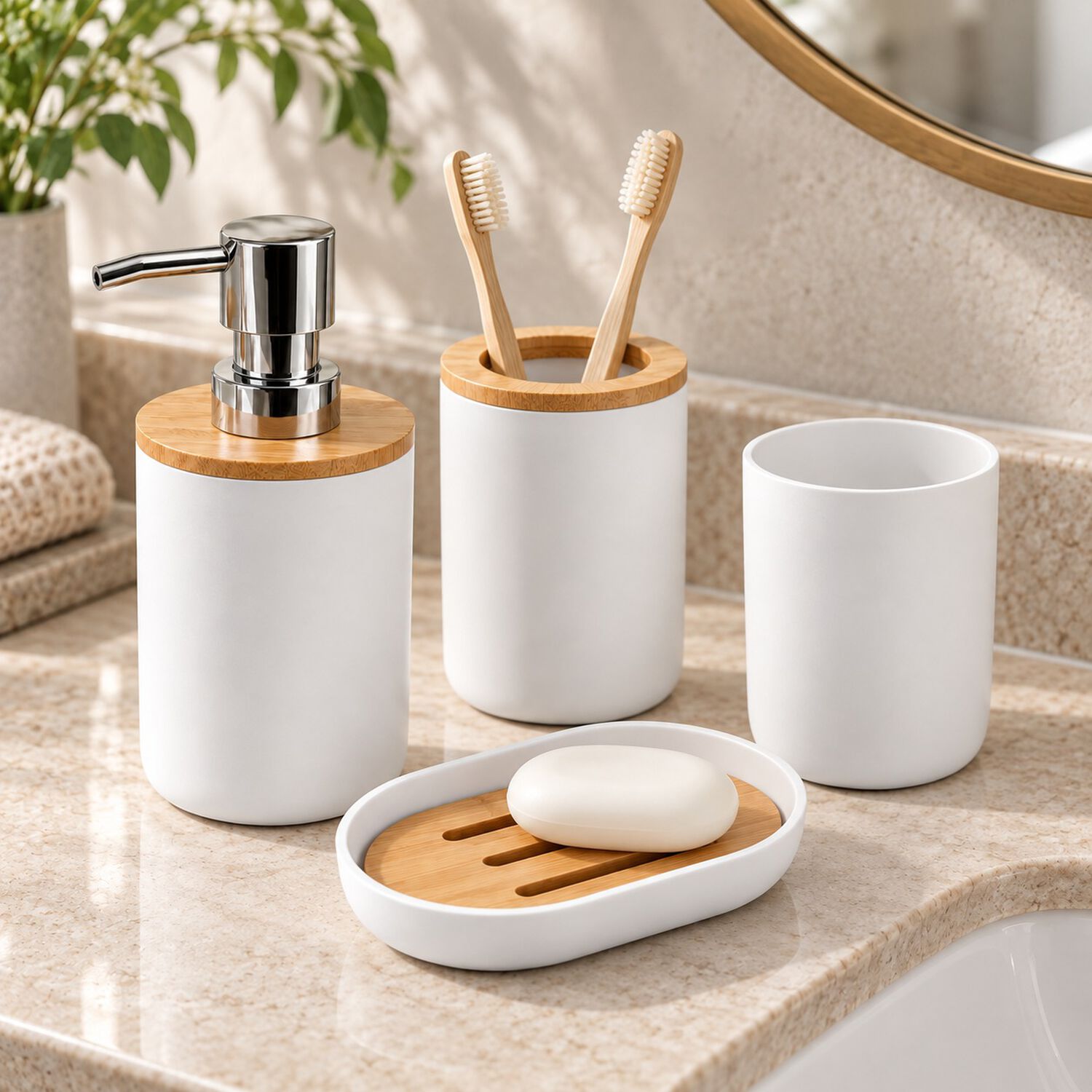 Set De Ba&ntilde;o Completo 6 Piezas De Abs Y Bambu Con Basurero Dispensador Y Escobilla Color Blanco image number 4.0