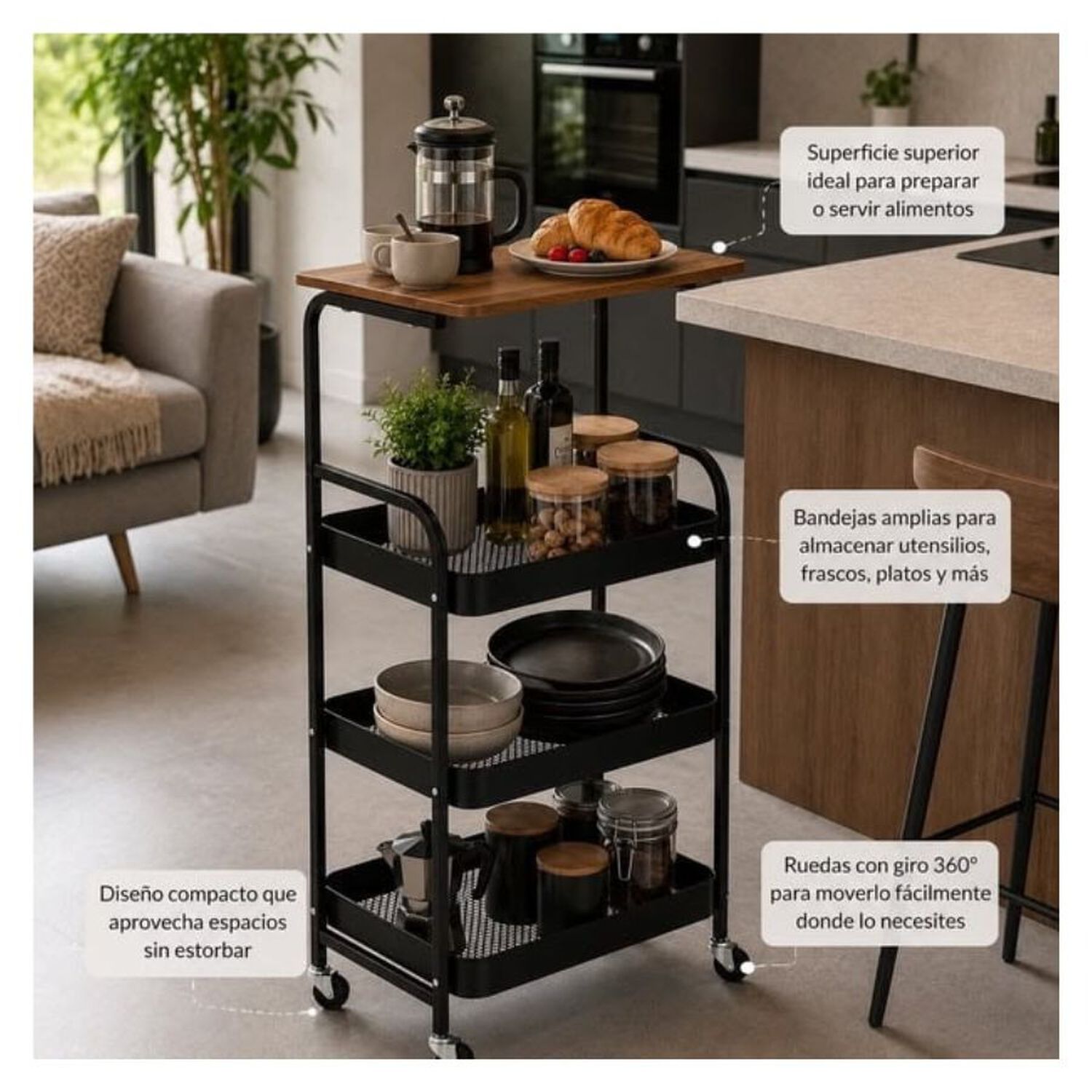 Carrito Organizador 3 Niveles Negro Con Ruedas Cocina Ba&ntilde;o image number 4.0