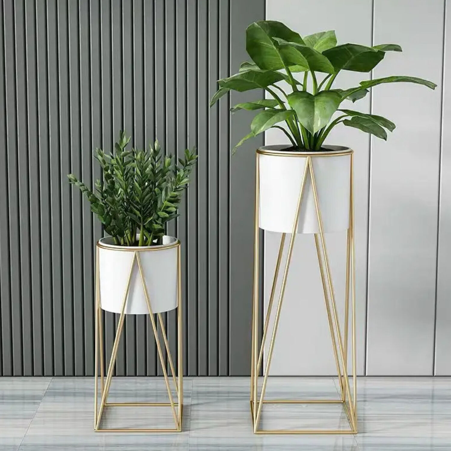 Set 2 Porta Maceteros Pedestal Maceta Plantas Blanco Dorados image number 4.0
