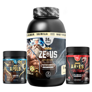 Pack Whey Protein Zeuscomplex 1 Kg + Creatina + Pre Entreno Vainilla