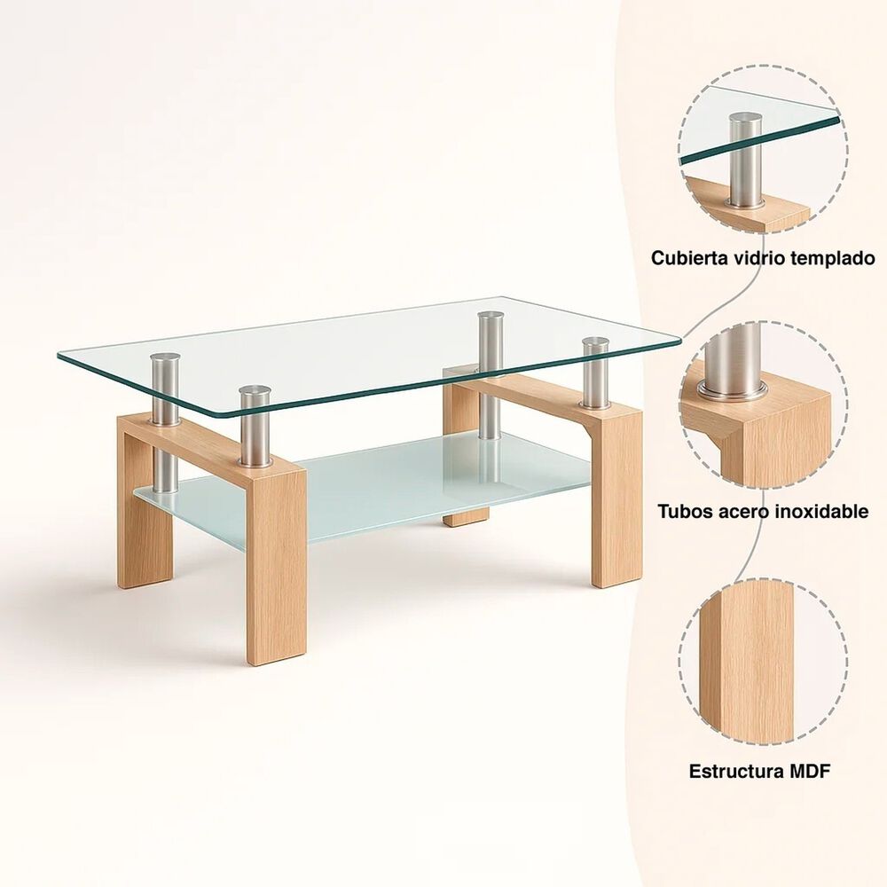 Mesa De Centro Para Living Rectangular De Vidrio Y Madera image number 4.0