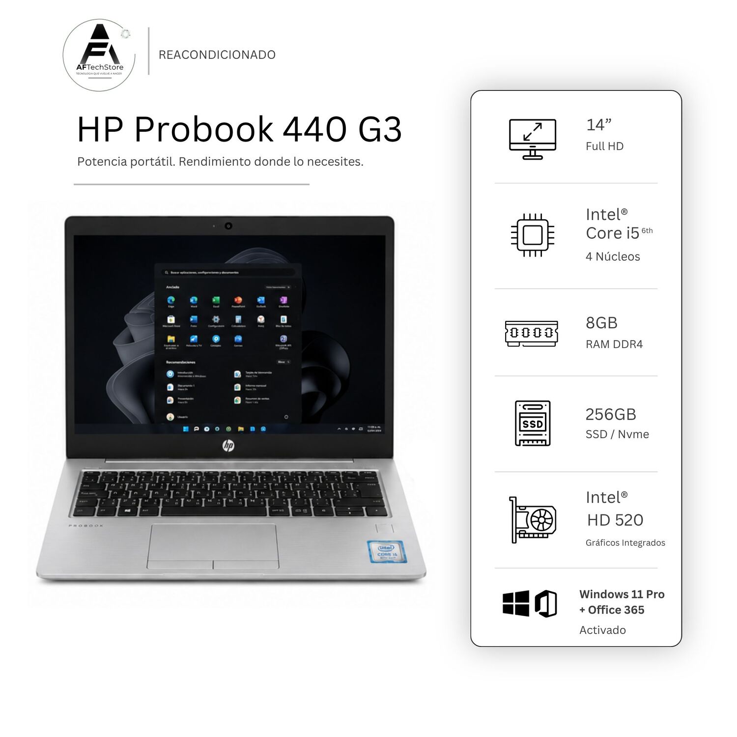 Notebook Hp 440 G3 I5 6th 8gb 256gb - Win11 Office - Reacondicionado Profesional