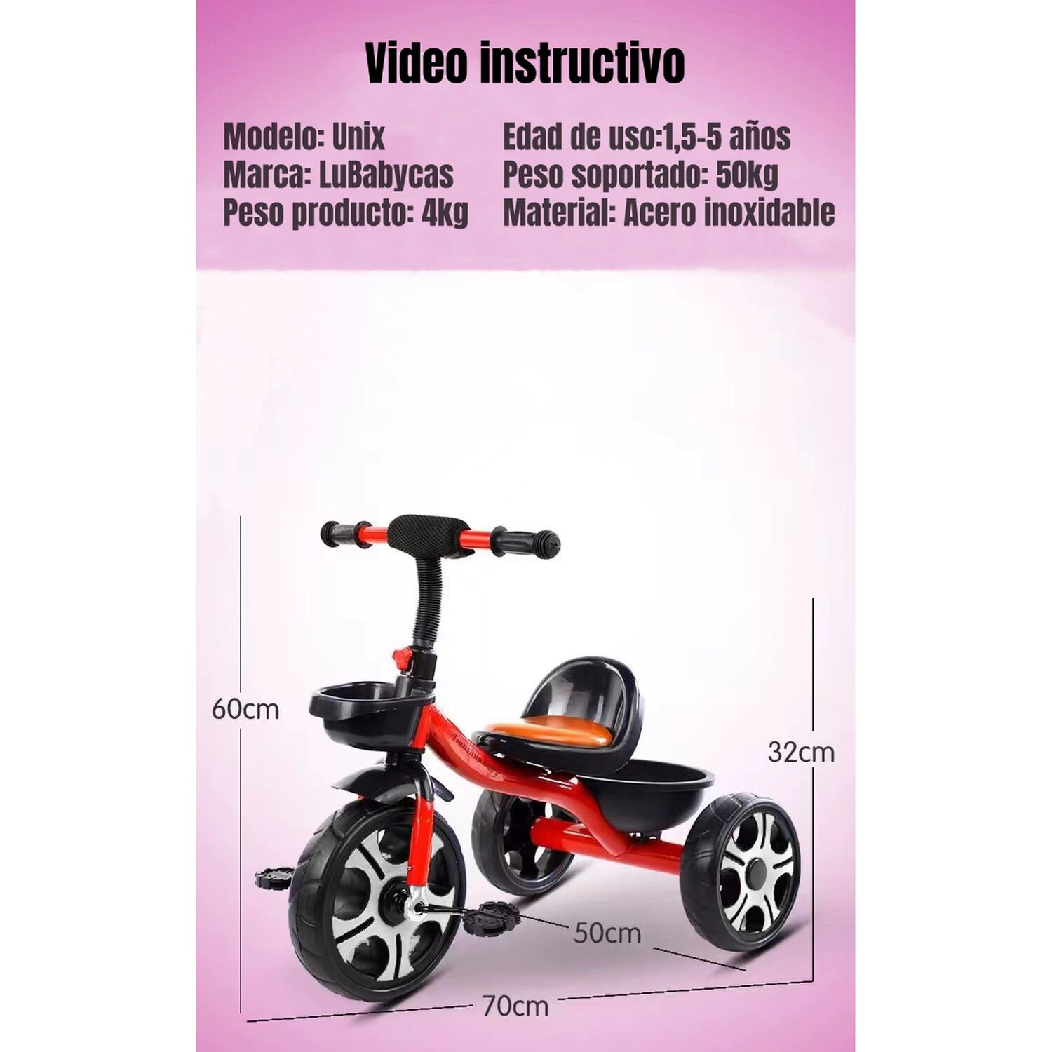 Triciclo Infantil Con Canastos 5 A&ntilde;os Unix Rosado Lubabycas image number 7.0