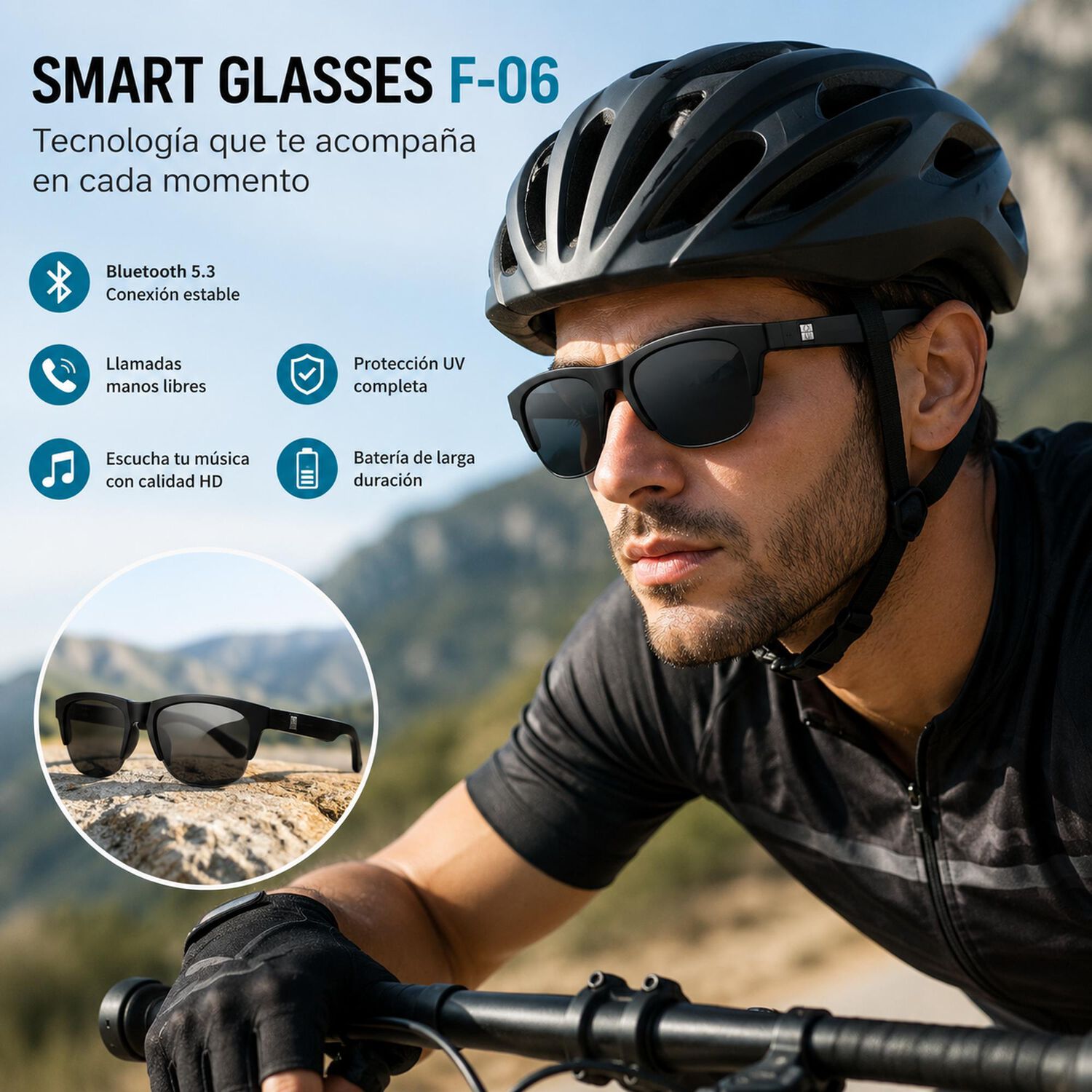 Gafas Lentes Inal&aacute;mbricas Inteligentes De Sol F06 Bluetooth image number 7.0