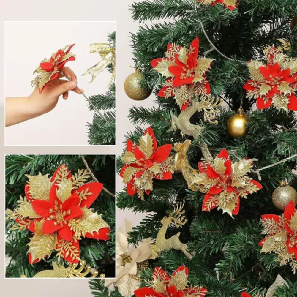 Set 20 Flores Decorativas Navideñas Clips 14cm Rojo Dorado image number 2.0
