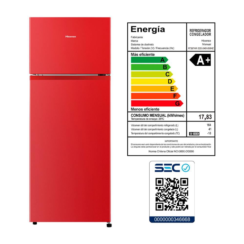Refrigerador Top Freezer Hisense RT267NR / Frío Directo / 205 Litros / A+ image number 4.0