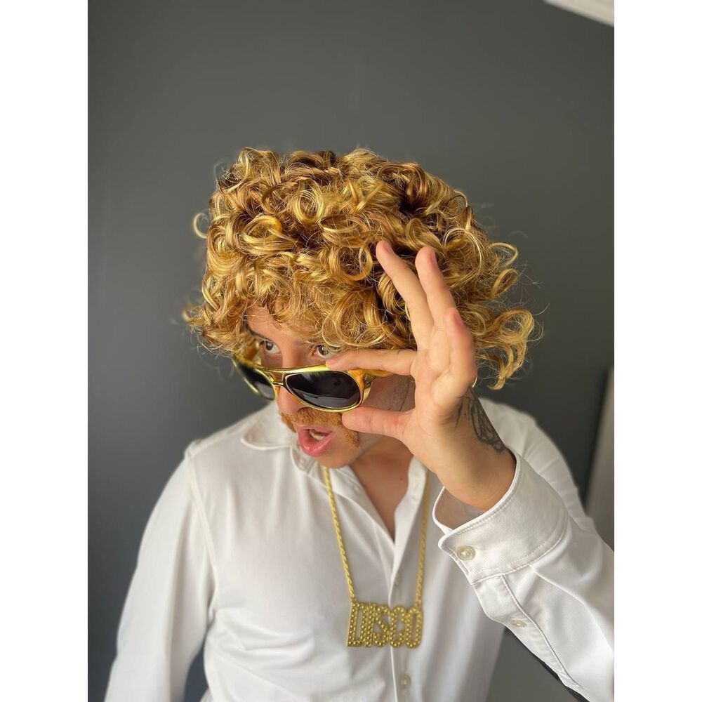 Set Disfraz Afro Retro Hombre A&ntilde;os 80 Onda Disco Pelo image number 14.0