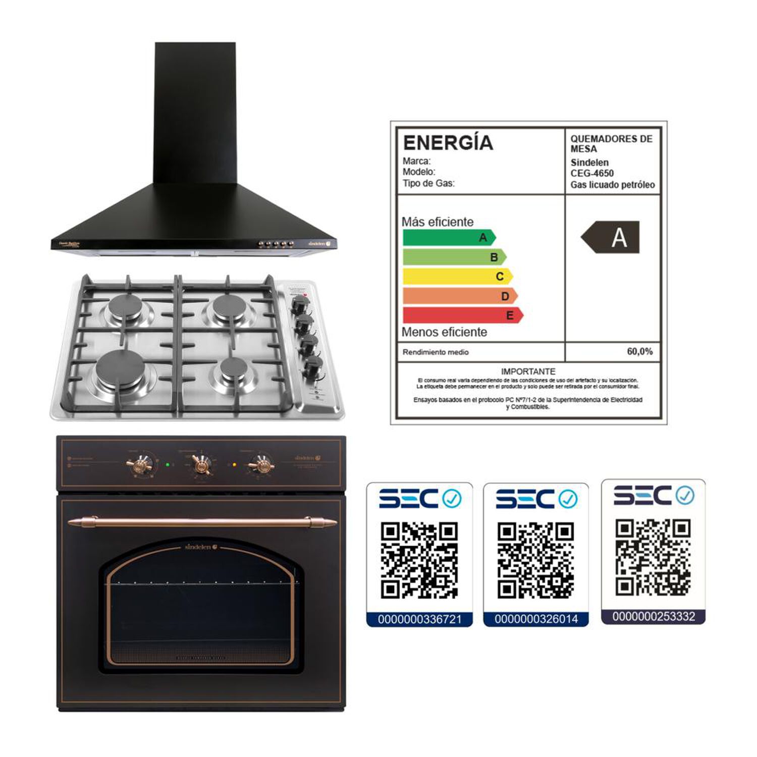 Kit De Cocina Sindelen Horno Empotrado HE-7200IN + Encimera A Gas CEG-4650IN + Campana CA-635PNG / 4 Quemadores image number 6.0