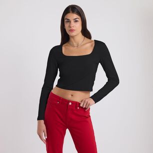 Polera Crop Manga Larga Cuello Cuadrado Mujer Rolly Go
