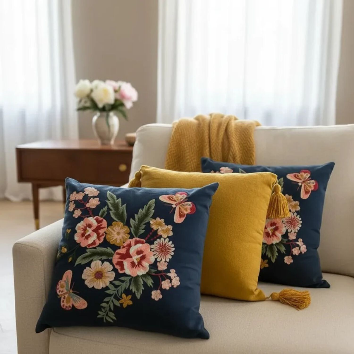 Set De 3 Cojines Decorativos Florales Azul Y Mostaza image number 0.0