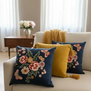 Set De 3 Cojines Decorativos Florales Azul Y Mostaza