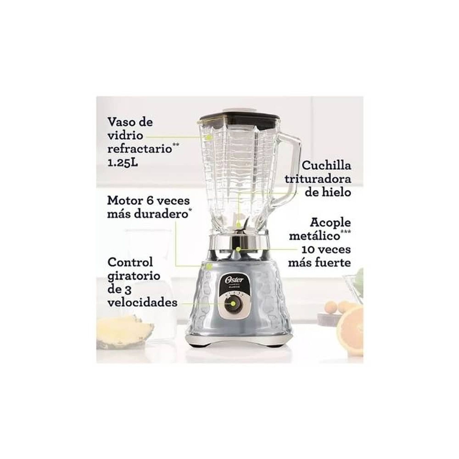 Licuadora Cl&aacute;sica Oster Cromo Con Perilla Ergon&oacute;mica De 3 Velocidades Blst4655 image number 1.0