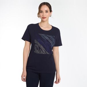 Polera Lisa Aplicaci&oacute;n Strass Manga Corta Cuello Redondo Mujer Lesage