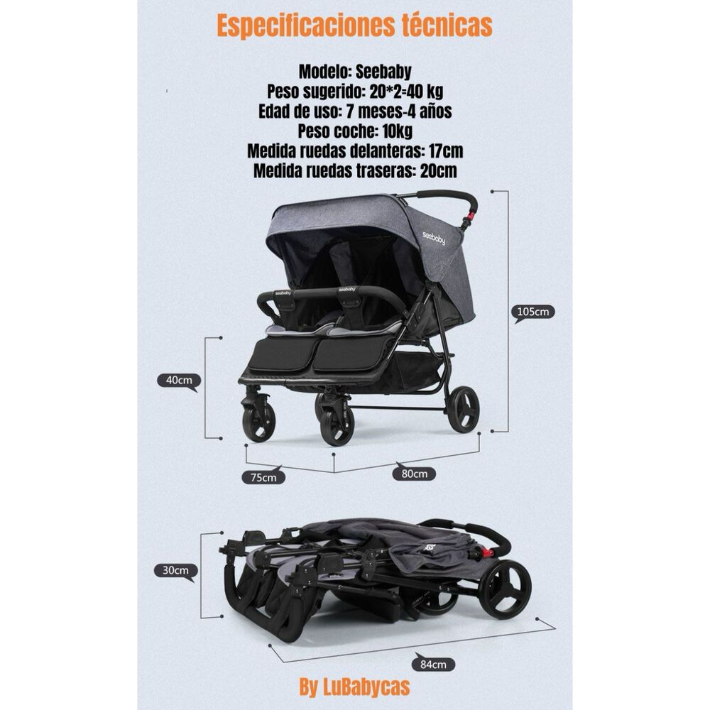 Coche Doble Reclinable 4 A&ntilde;os Seebaby Gris Lubabycas image number 3.0
