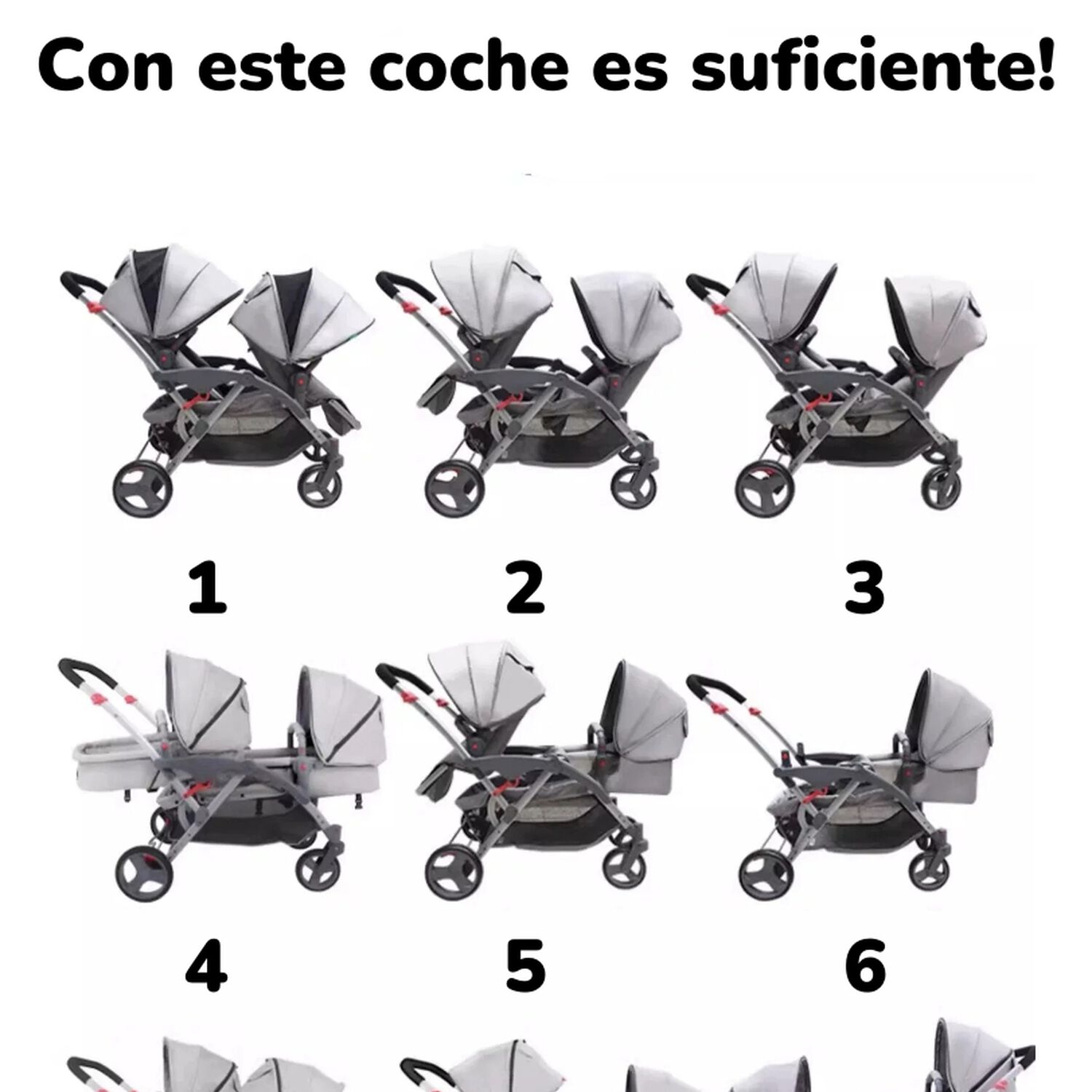 Coche Doble Duo Reclinable 9 Modos En 1 Lubabycas Negro image number 1.0