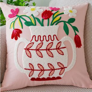 Funda Cojin Bordada 45x45 Cm Florero Rosado