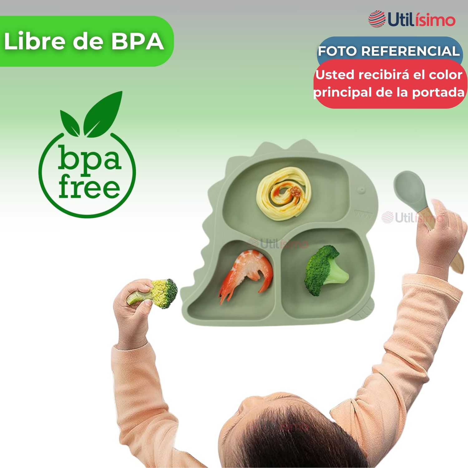 Set Alimentaci&oacute;n Silicona Beb&eacute; 5 Piezas Dinosaurio Libre Bpa Color Verde image number 1.0