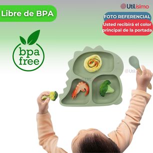 Set Alimentaci&oacute;n Silicona Beb&eacute; 5 Piezas Dinosaurio Libre Bpa Color Verde