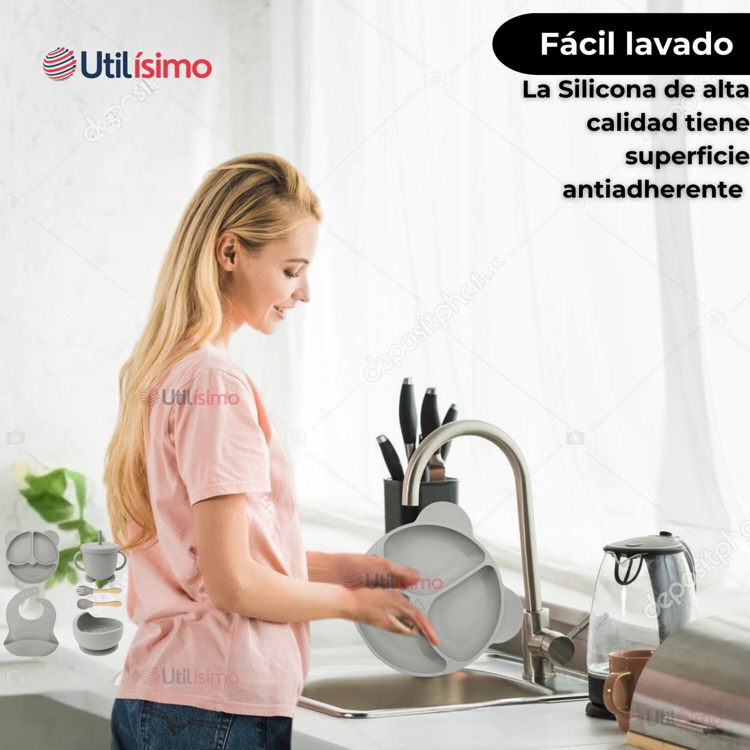 Set De Alimentaci&oacute;n Beb&eacute; Silicona De Oso 6 Piezas Libre Bpa Color Gris image number 7.0