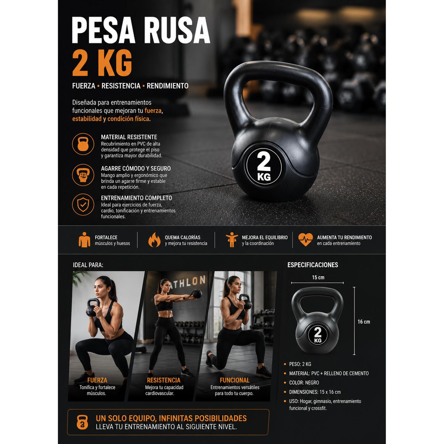 Pesa Rusa Kettlebell 2kg Entrenamiento Crossfit Fitness Color Negro image number 6.0