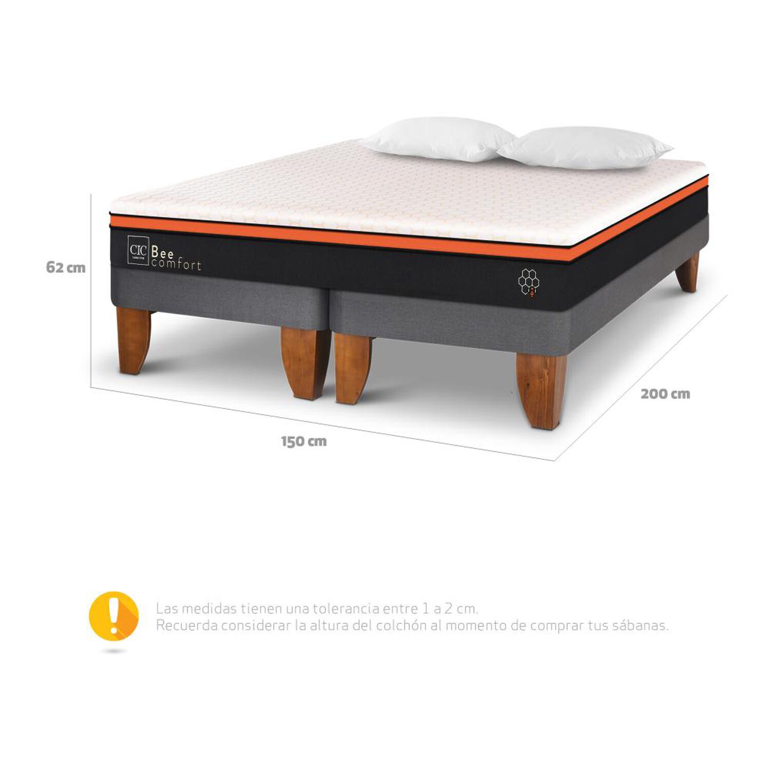 Cama Europea Cic Bee Comfort / 2 Plazas / Base Dividida + Almohadas image number 2.0