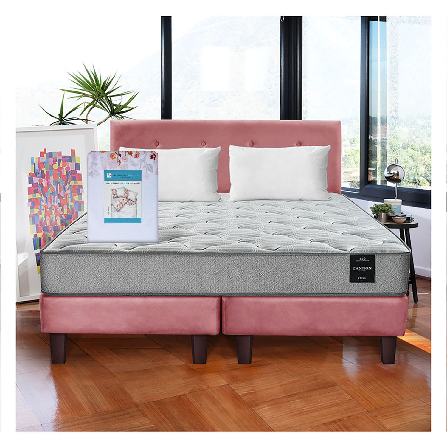 Combo Cama Cannon 2 Plazas Textil + Respaldo Tela Palo Rosa image number 0.0