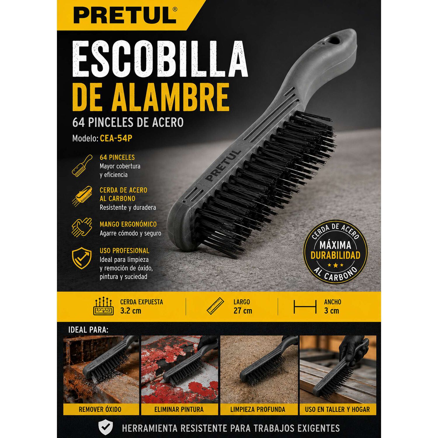 Escobilla Alambre, Cerda Acero, 64 Pinceles, Pretul Cea-54p image number 3.0