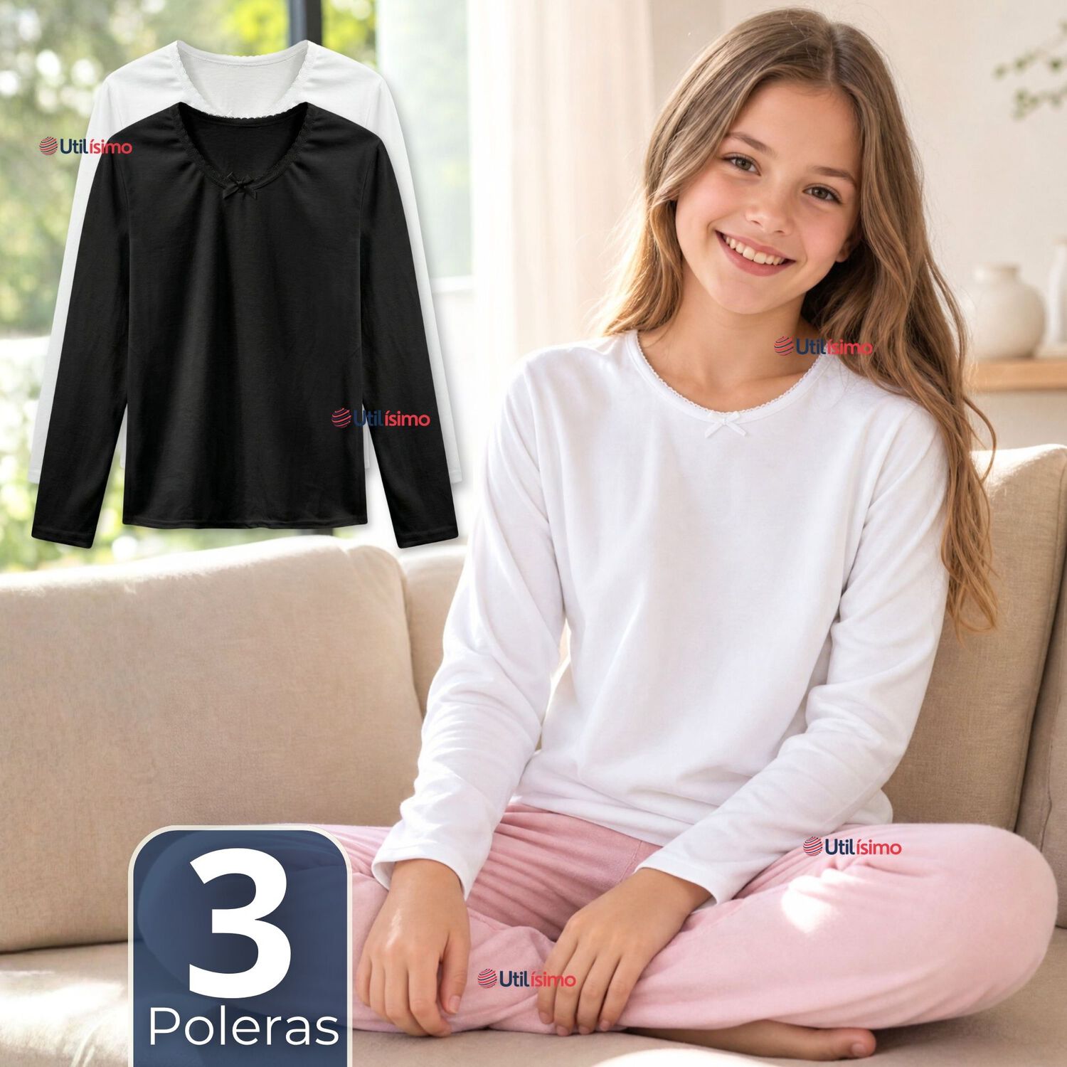 Pack 3 Camisetas Poleras Algod&oacute;n B&aacute;sica Cuello Redondo Primera Capa Manga Larga Colores Surtidos Negro Blanco Ni&ntilde;a image number 0.0