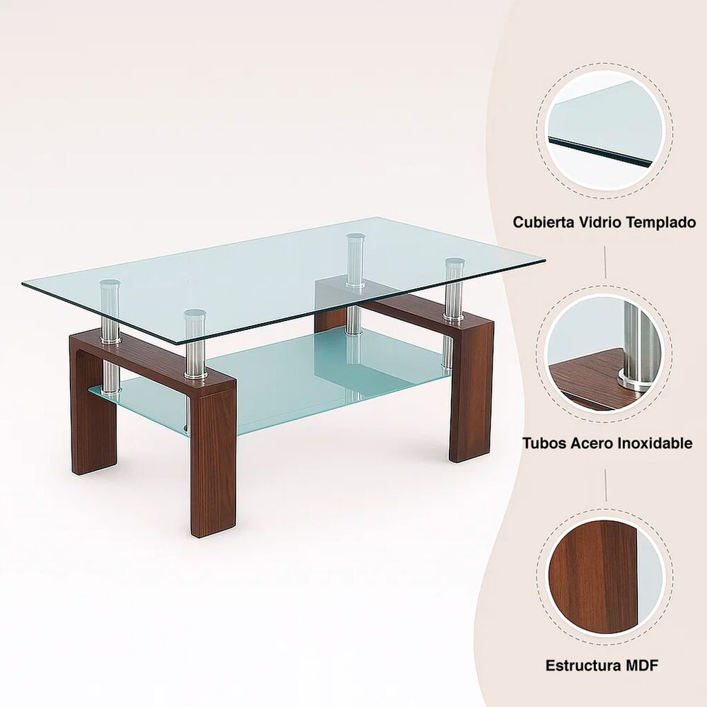 Mesa De Centro Para Living Rectangular De Vidrio Y Madera Oscura image number 9.0