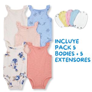 Pack 5 Bodys + 5 Extensores Ni&ntilde;a Ni&ntilde;o 100% Algod&oacute;n Tedmimak Blanco Flores