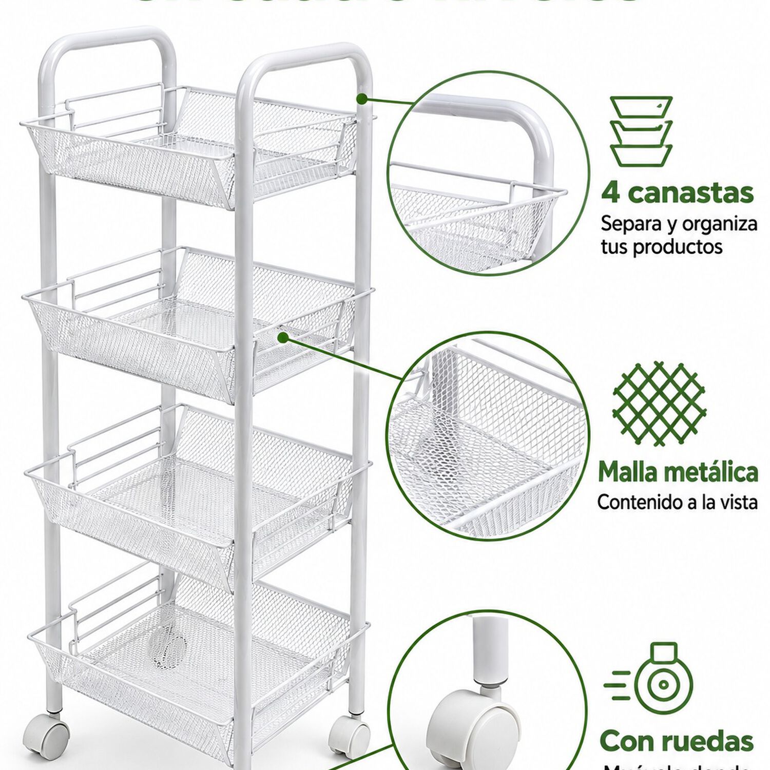 Carrito Organizador Verdulero Frutero Met&aacute;lico 4 Niveles Con Ruedas Blanco image number 2.0
