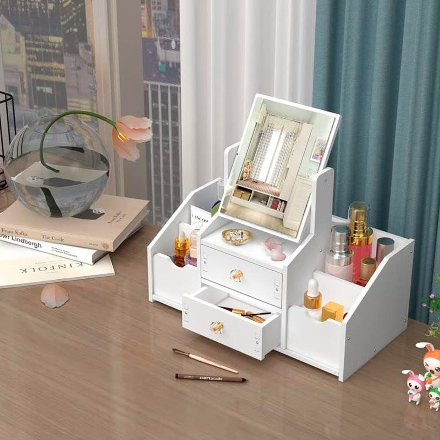 Organizador De Cosm&eacute;ticos Multifuncional Con Espejo 2 Cajones Rotaci&oacute;n 360 Blanco image number 3.0