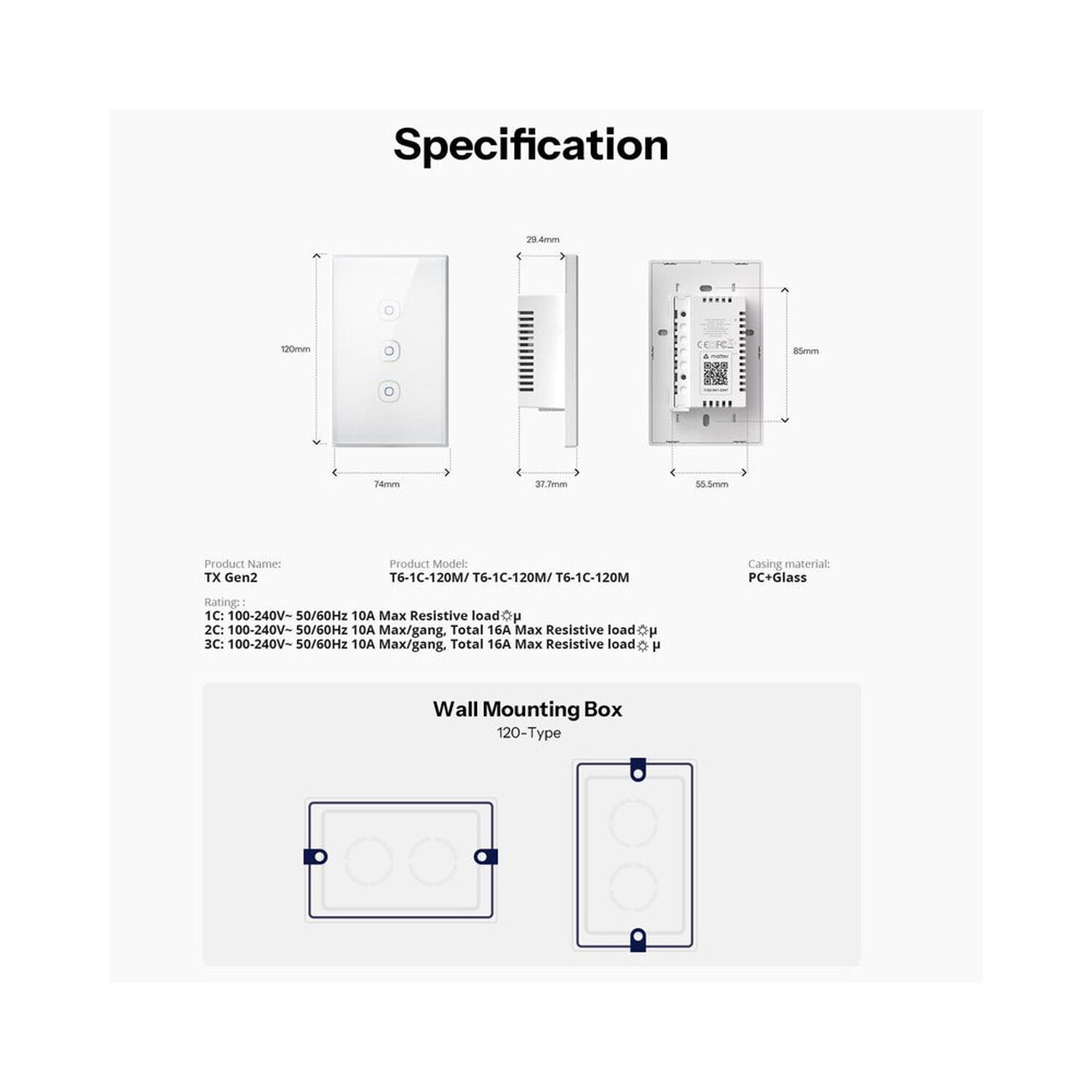 Interruptor Wifi Touch Sonoff Txgen2 De 1 Canal Con Matter image number 6.0
